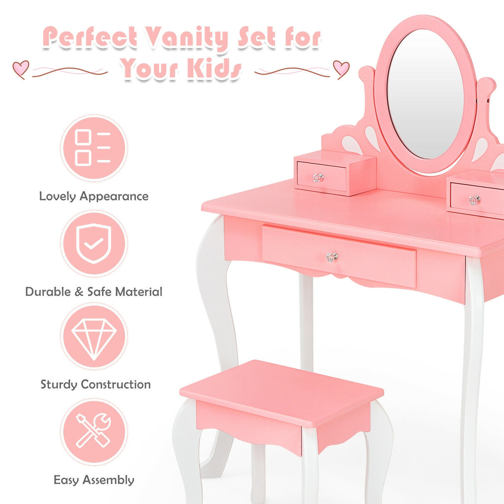 Kids Princess Makeup Dressing Vanity Set with Mirror and Drawer - Pink