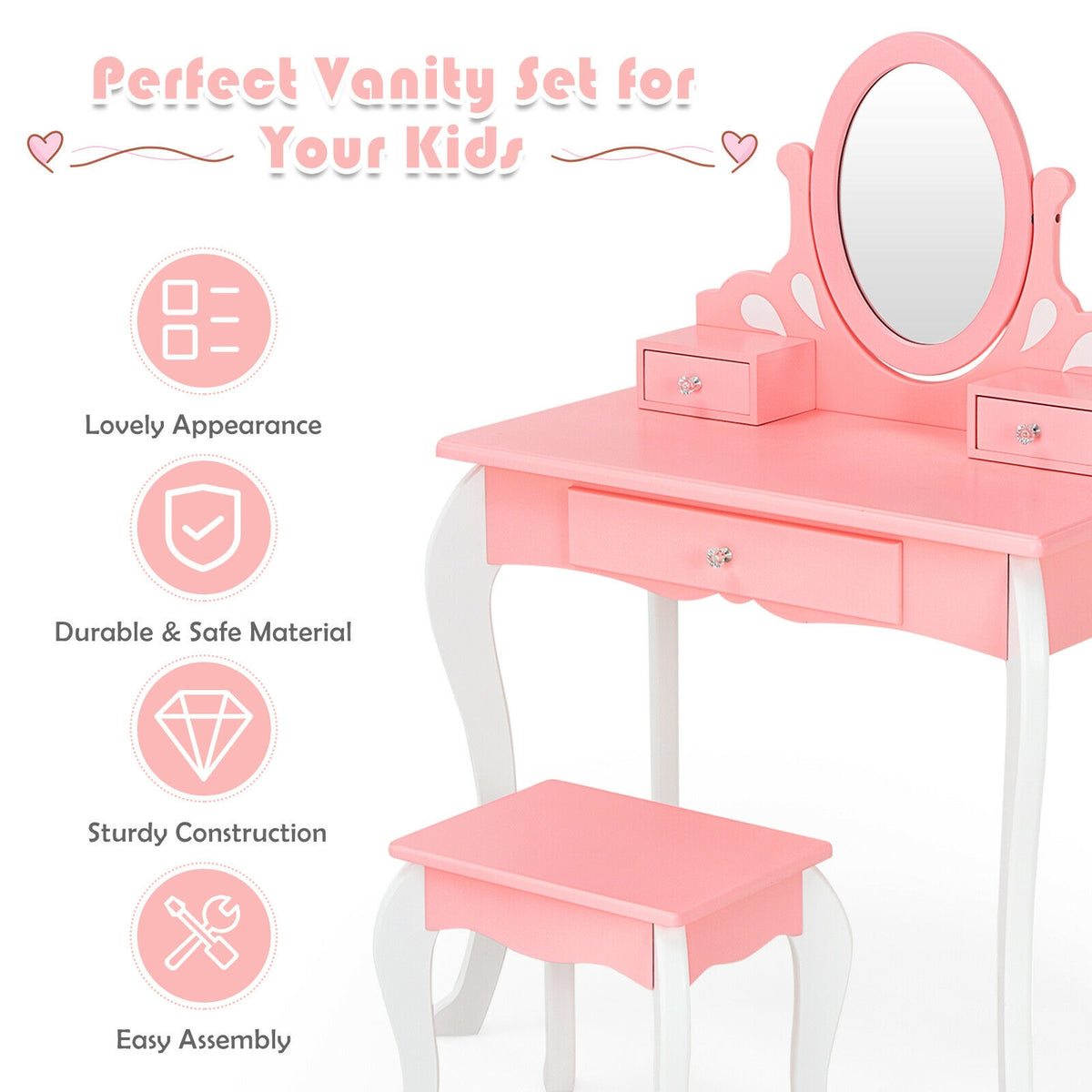 Kids Princess Makeup Dressing Vanity Set with Mirror and Drawer - Pink