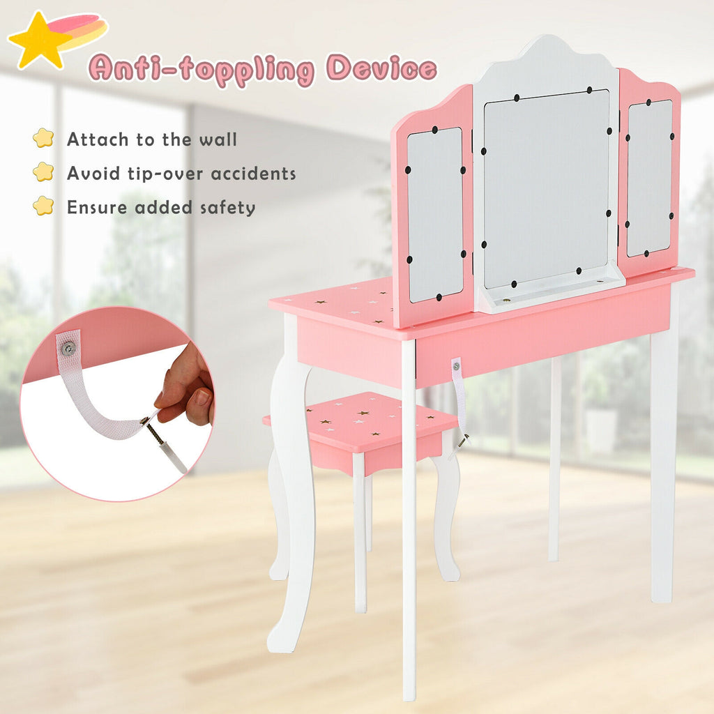 Kids Princess Vanity Table and Stool Set with Tri-Fold Mirror - Pink - Kids Bedroom Furniture