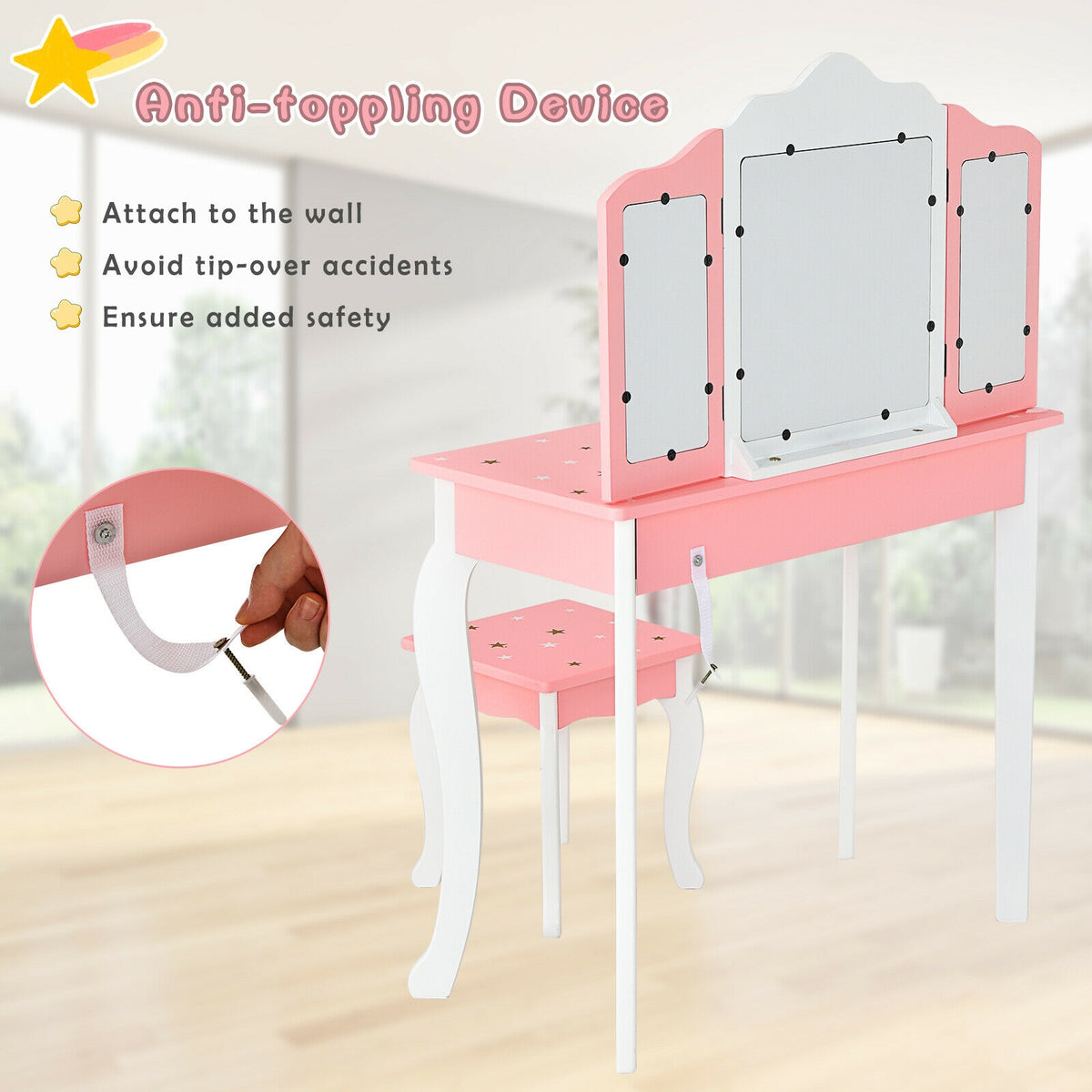 Kids Princess Vanity Table and Stool Set with Tri-Fold Mirror - Pink - Kids Bedroom Furniture