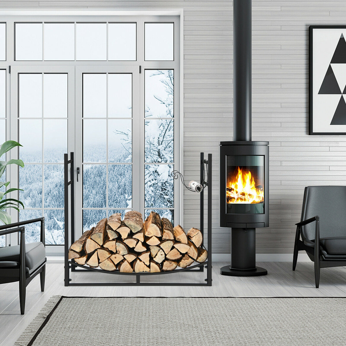 33 Inch Firewood Rack with Removable Kindling Holder Steel Fireplace