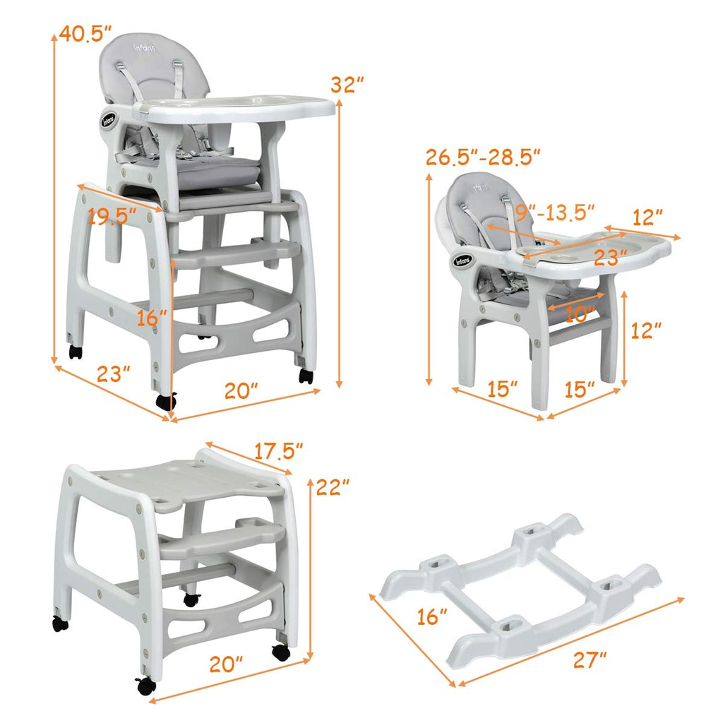 Gray 3-in-1 Baby High Chair with Lockable Wheels, Adjustable Tray & Safety Restraint
