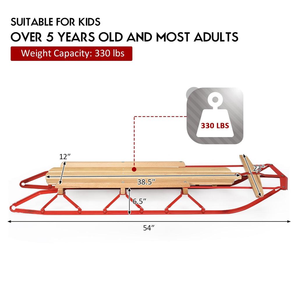 Red 54 Inch Wooden Snow Sled with Metal Runners & Steering Bar - Kids & Adults