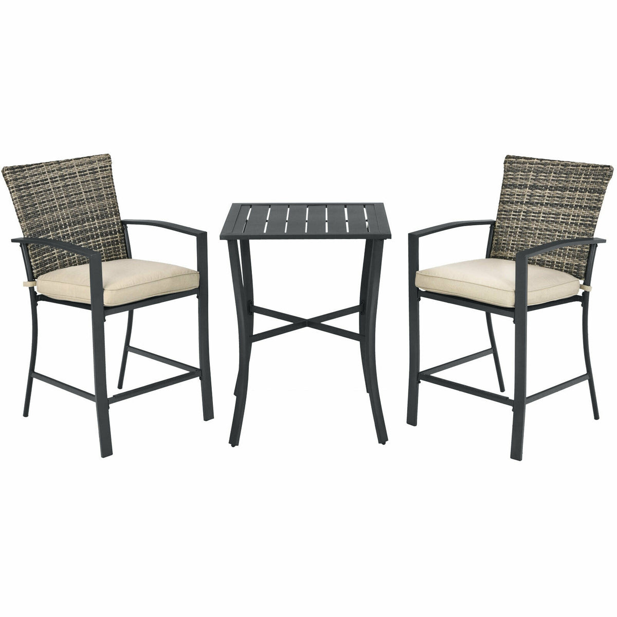 3 Pieces Rattan Bar Furniture Set with Slat Table and 2 Cushioned
