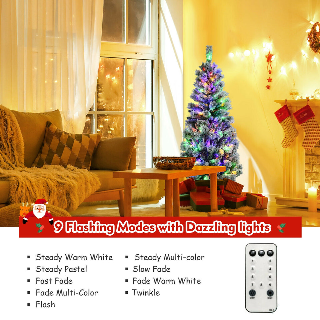 5/6/7.5/8 Feet Pre-lit Snow Flocked Christmas Tree with 9 Lighting Modes - Foldable & Sturdy Stand