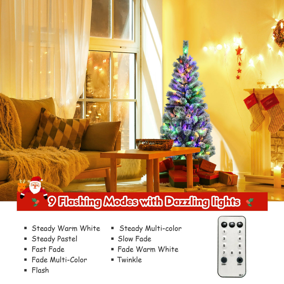 5/6/7.5/8 Feet Pre-lit Snow Flocked Christmas Tree with 9 Lighting Modes - Foldable & Sturdy Stand