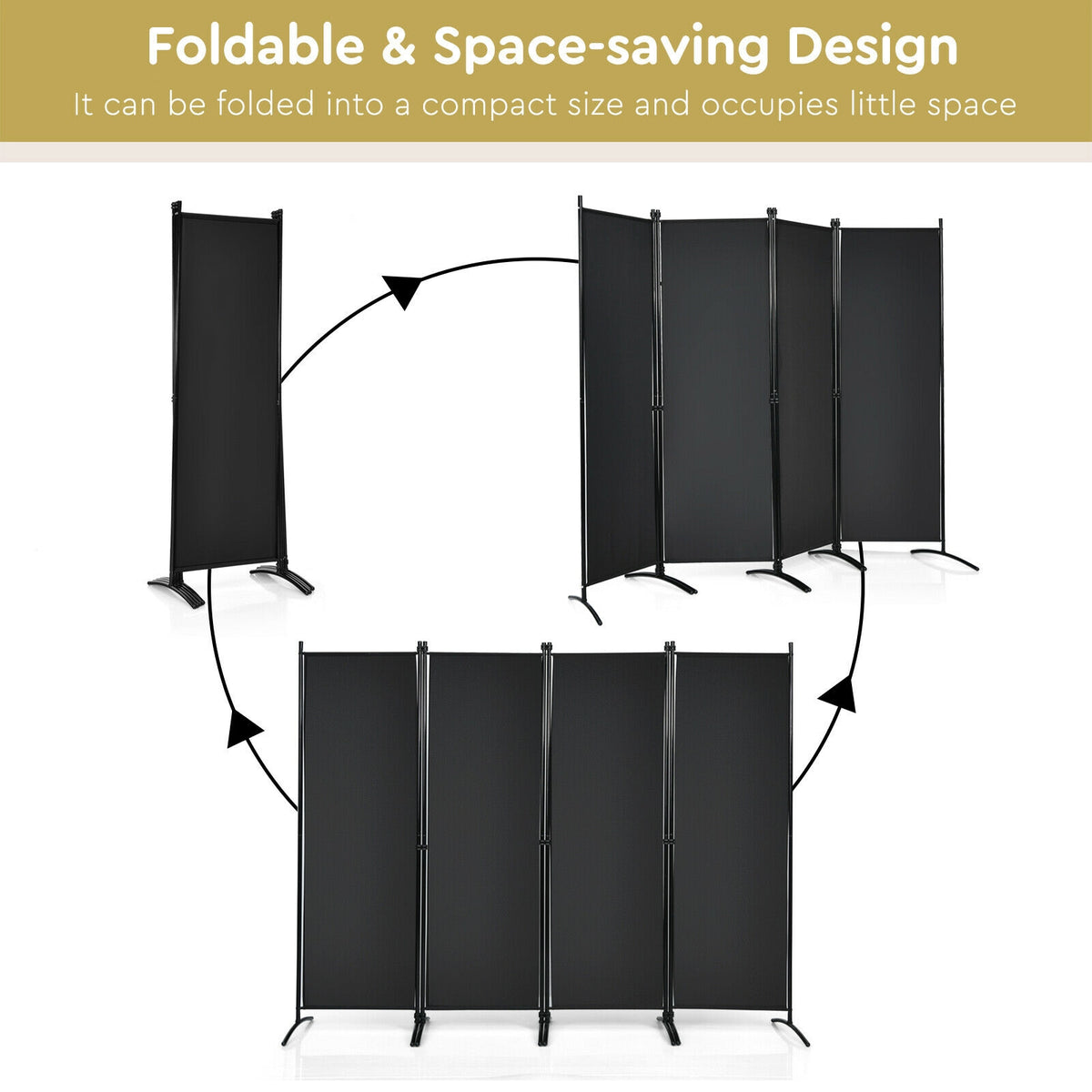 5.6 Feet 4 Panel Room Divider with Steel Frame - Black Variation