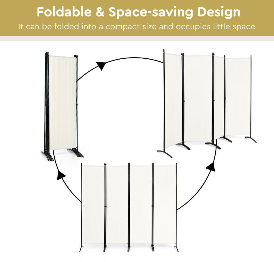 4-Panel Room Divider with Steel Frame - 5.6 Feet, White, Indoor & Outdoor Privacy Screen - Costway
