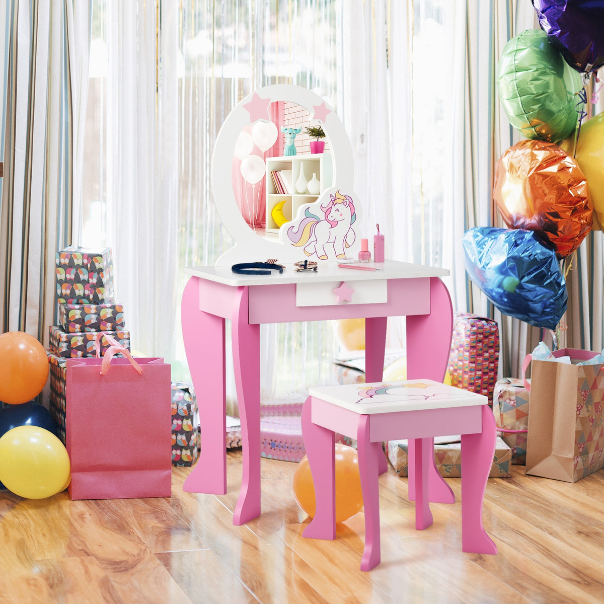 Kids Vanity Set Makeup Dressing Table and Chair with Mirror & Drawer - Pink
