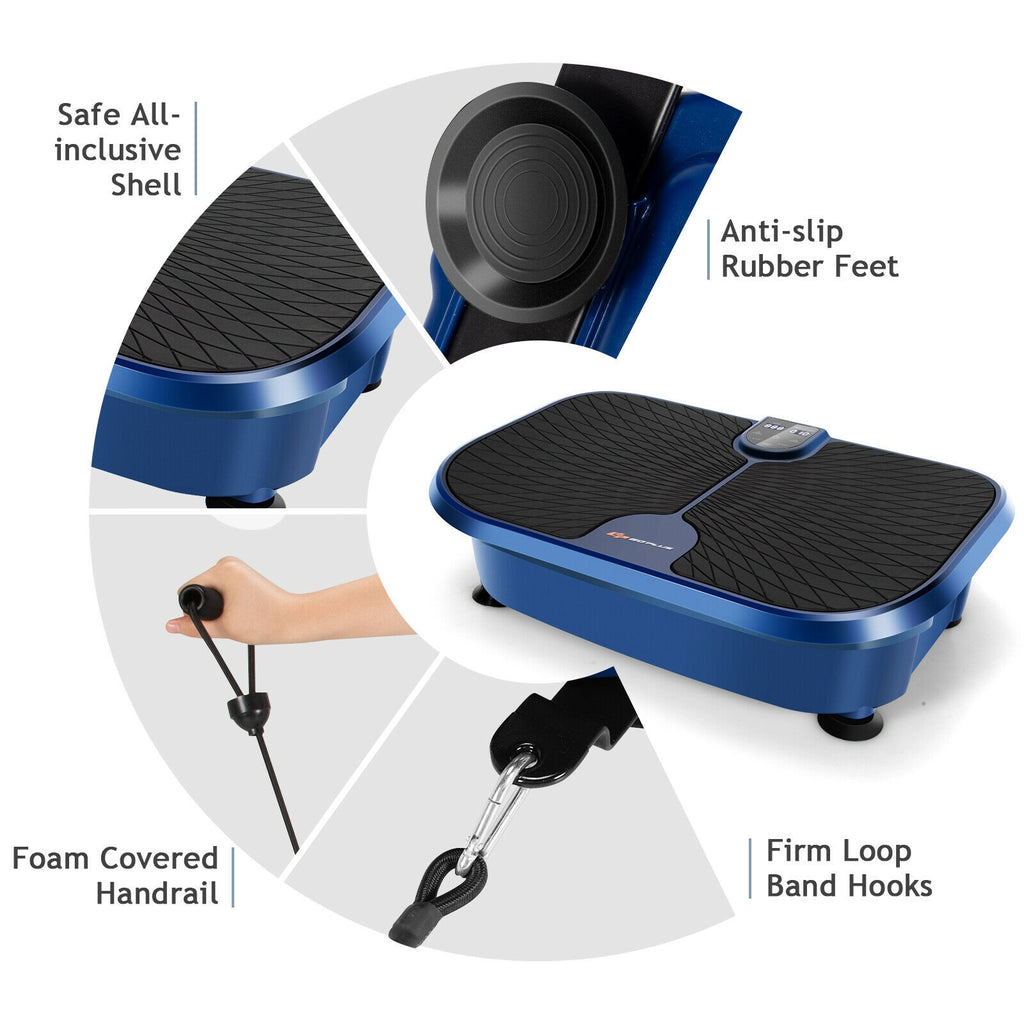 Mini Vibration Plate Exercise Machine with Remote & Loop Bands - 9 Presets, Blue, Compact Fitness Equipment