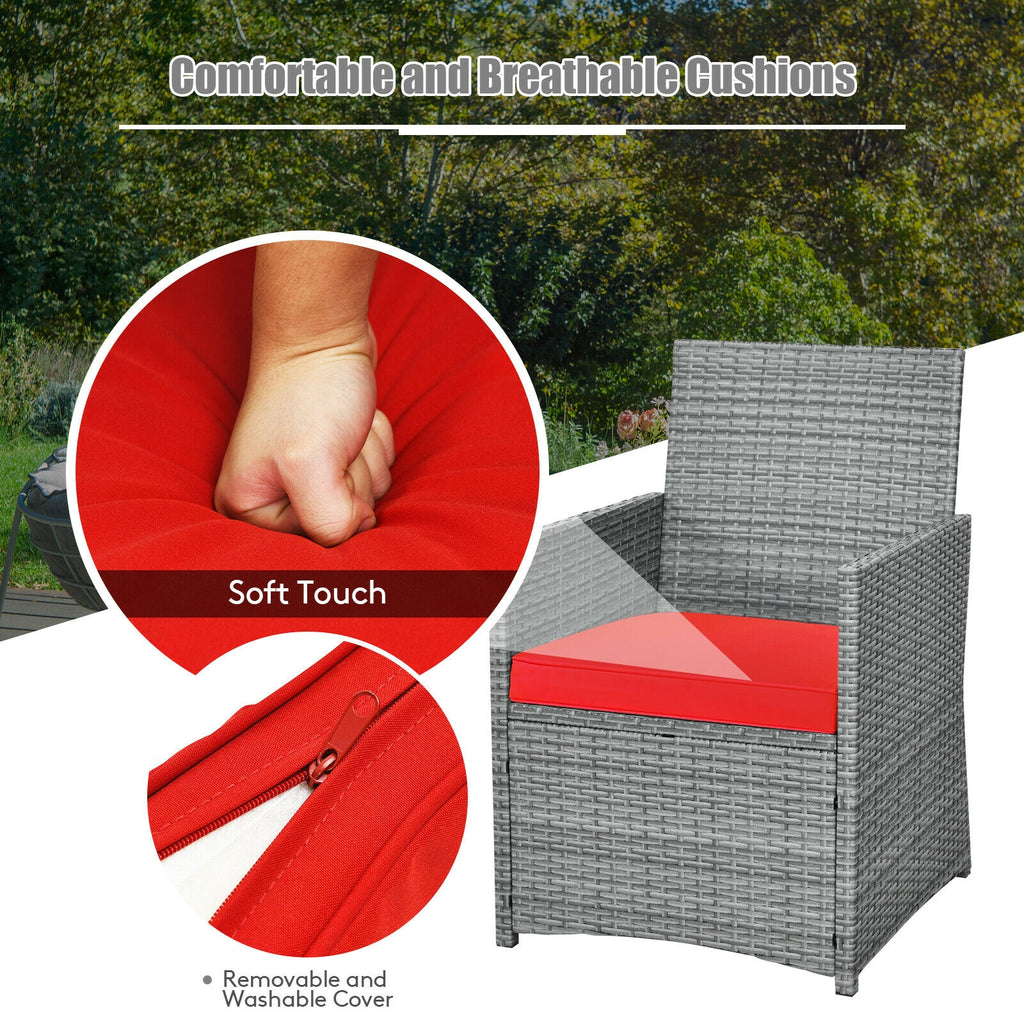 3-Piece Patio Rattan Furniture Set with Sofa - Red