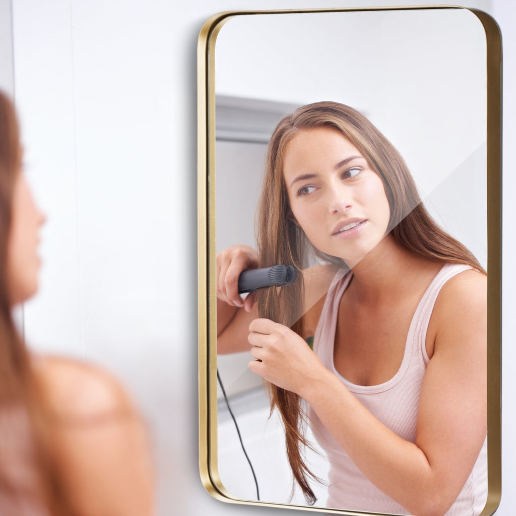 Golden 32x20 Inch Metal Frame Wall-Mounted Rectangle Mirror
