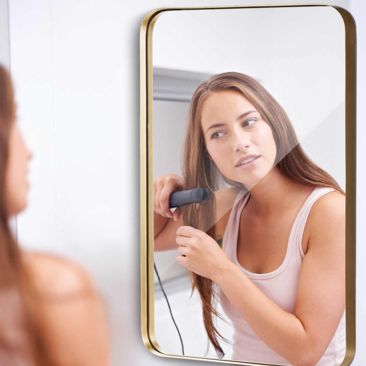 Golden 32x20 Inch Metal Frame Wall-Mounted Rectangle Mirror