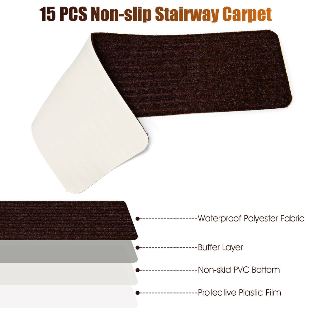 Brown Non-Slip Stair Treads Carpet Set - 15 Pieces, 30 x 8 Inch, Reusable & Waterproof
