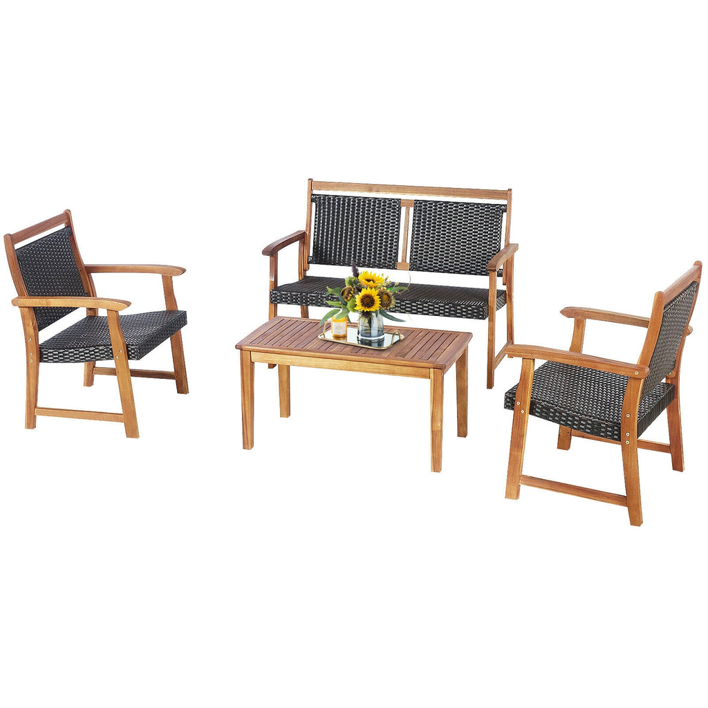 4 Pieces Outdoor Patio Rattan Furniture Sofa Set with Acacia Wood
