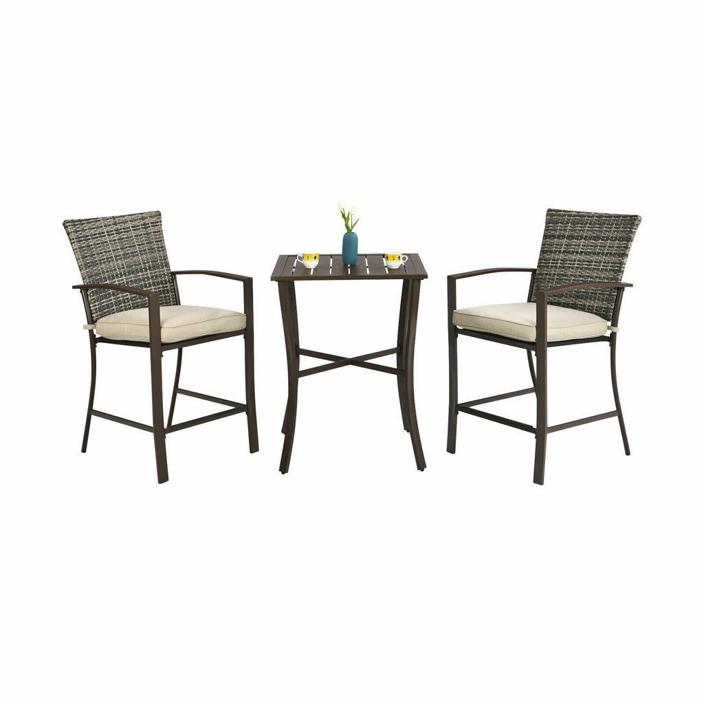 3 Pieces Rattan Bar Furniture Set with Slat Table and 2 Cushioned