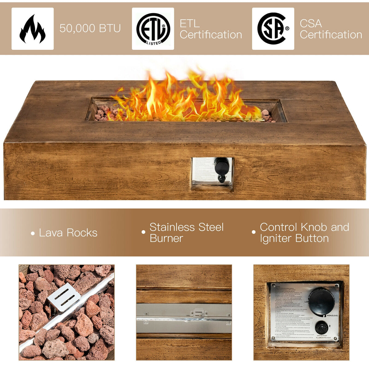 48 x 27 Inch Outdoor Gas Fire Pit Table 50,000 BTU with Lava Rocks