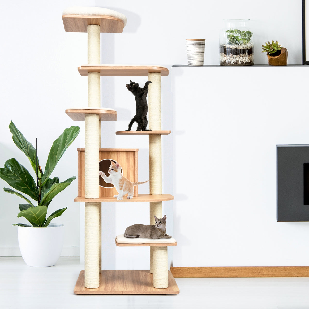 7-Layer Wooden Cat Tree Tower with Sisal Posts & Condo - Natural Finish
