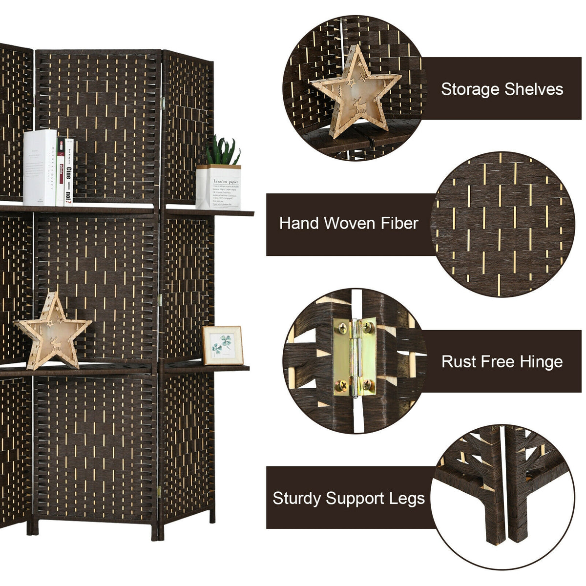 Brown 6-Panel Folding Fiber Room Divider with 2 Display Shelves - Natural Home Decor