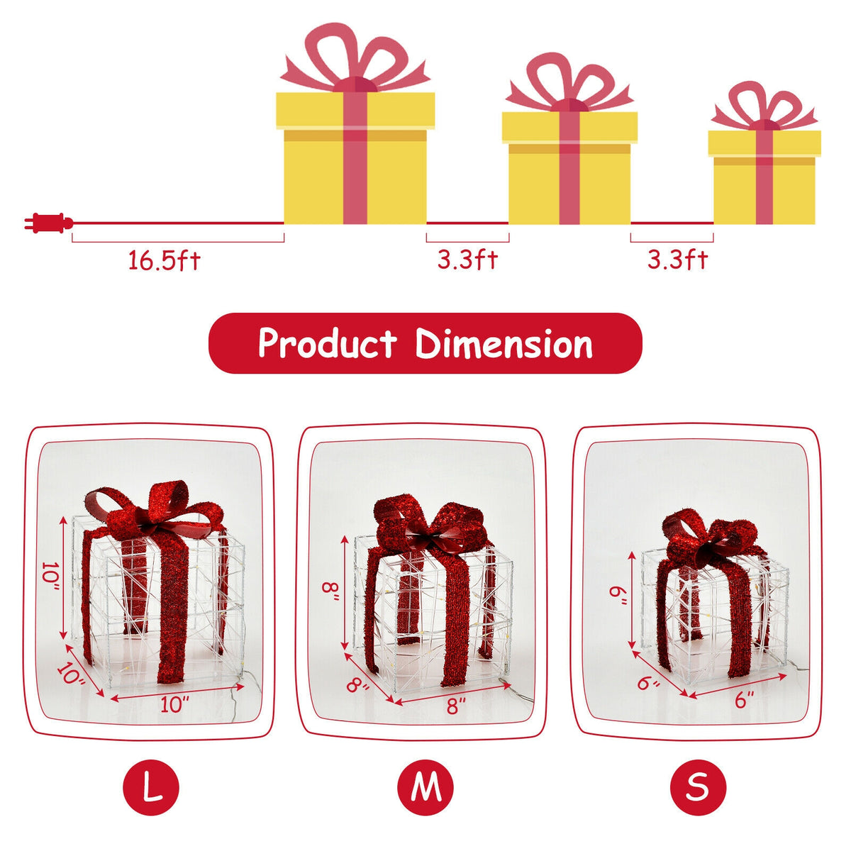Set of 3 Christmas Lighted Gift Boxes Decorations with 60 LED Lights - Indoor & Outdoor