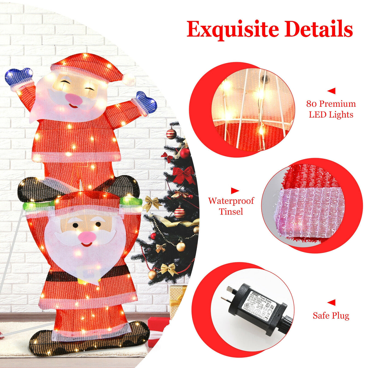 Metal Frame Double Santa LED Yard Decoration with String Lights & Stakes - Christmas Outdoor Decor