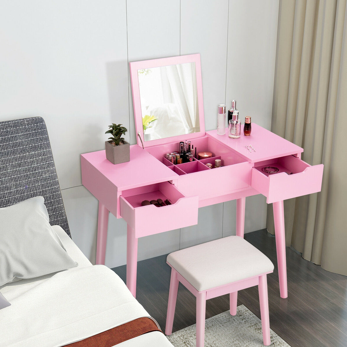Makeup Vanity Table with Flip Top Mirror and 2 Drawers, Pink