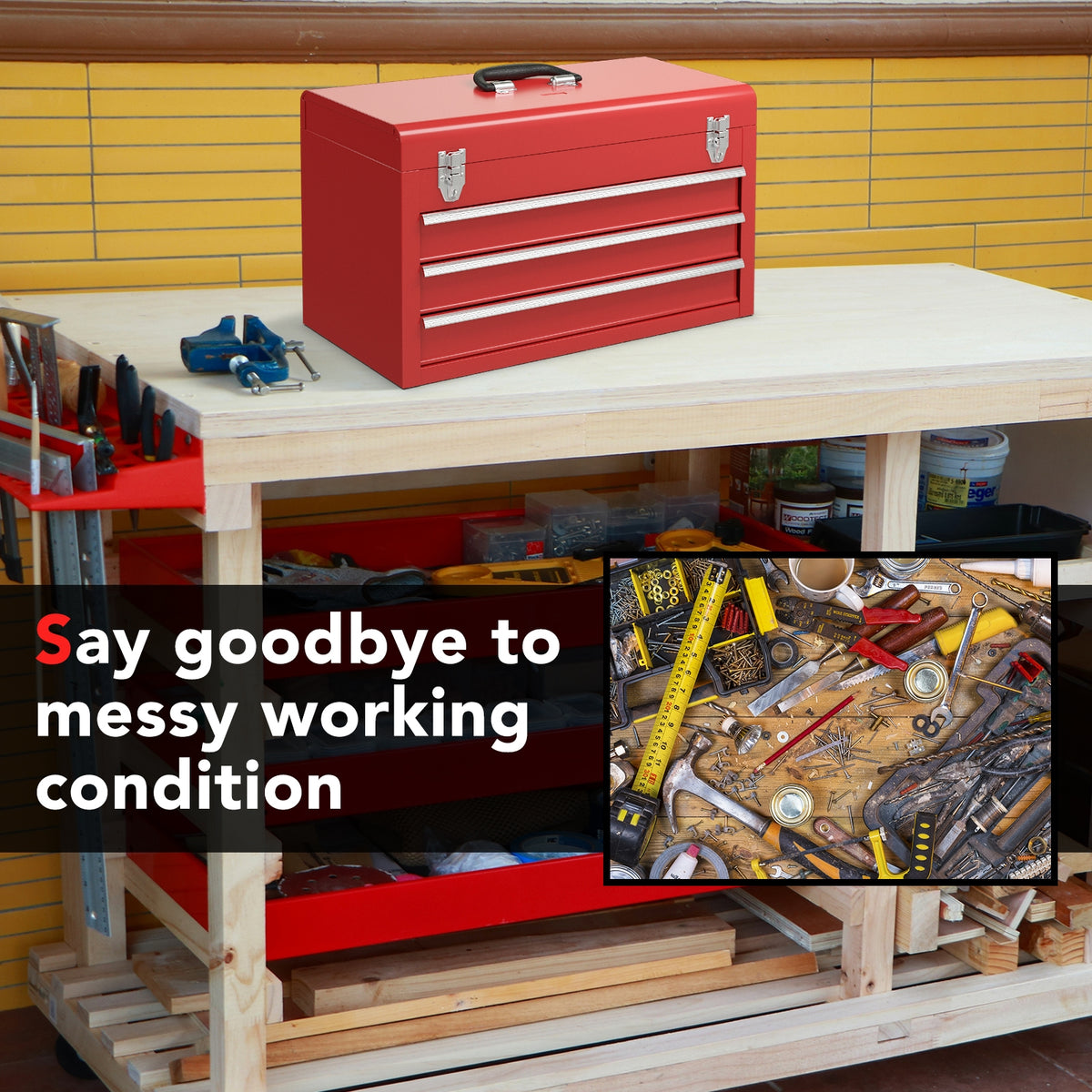 Tool Cabinet Box with 3 Drawers - Red