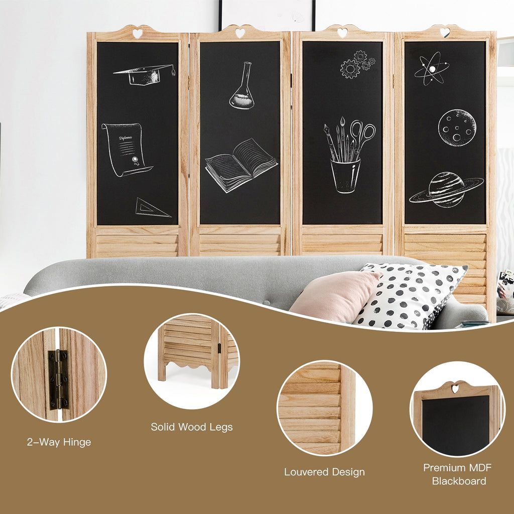 Foldable 4-Panel Room Divider with Chalkboards - Rustic Wood Partition Screen