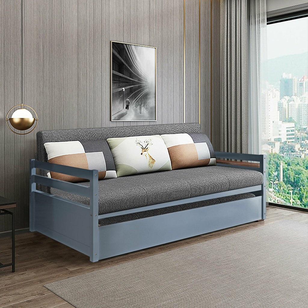 Twin Trundle Bed Frame with Wooden Slat Support - Gray