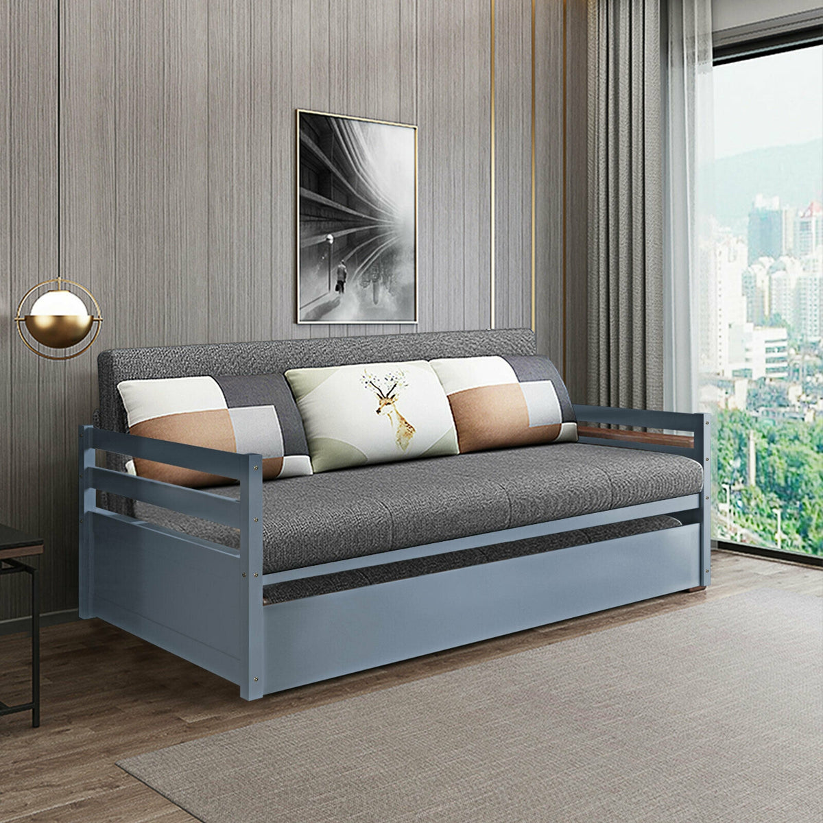 Twin Trundle Bed Frame with Wooden Slat Support - Gray