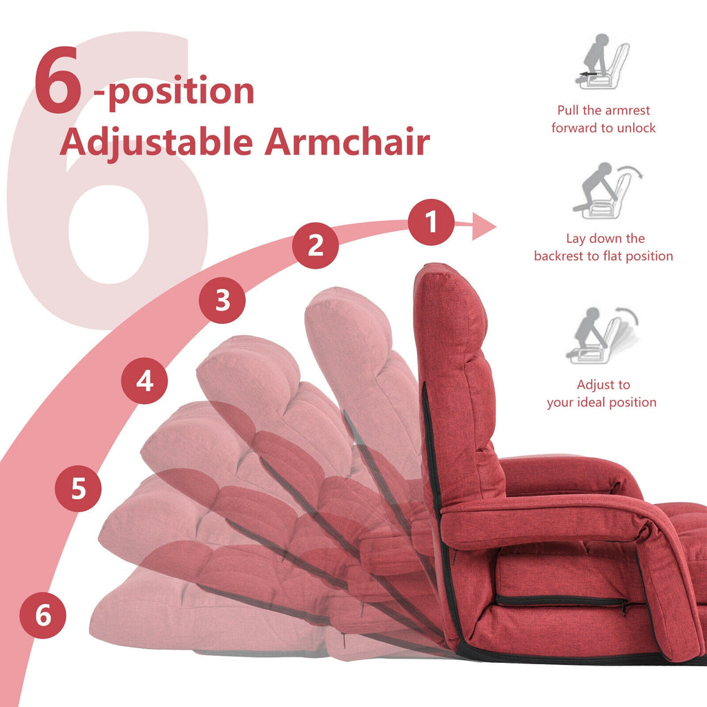 Folding Lazy Floor Chair with Armrests and Pillow - Red