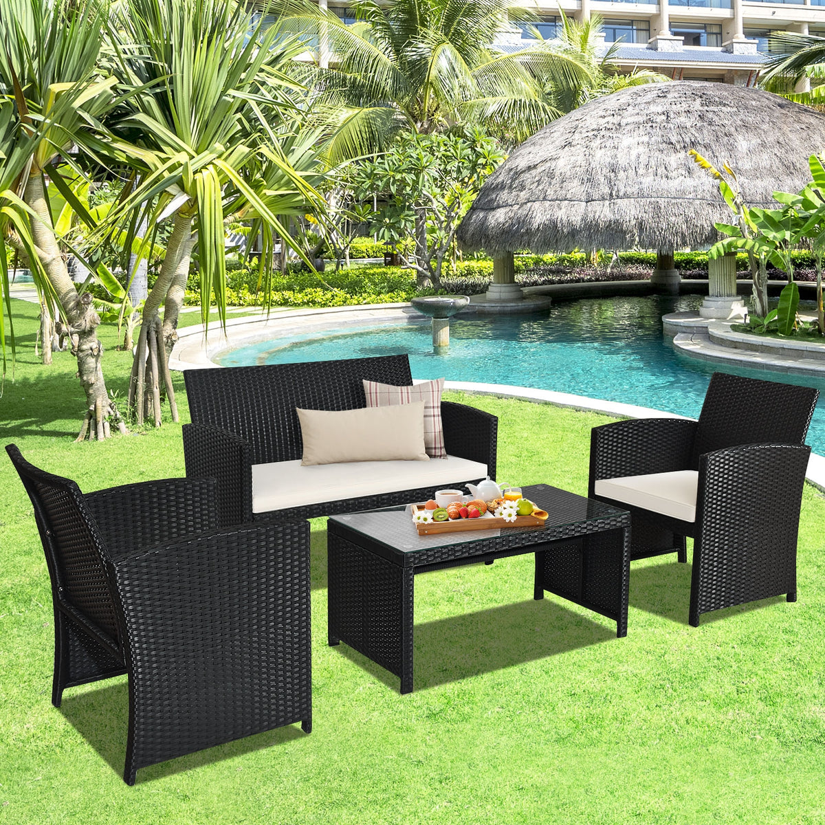 4 Pieces Rattan Patio Furniture Set with Weather Resistant Cushions