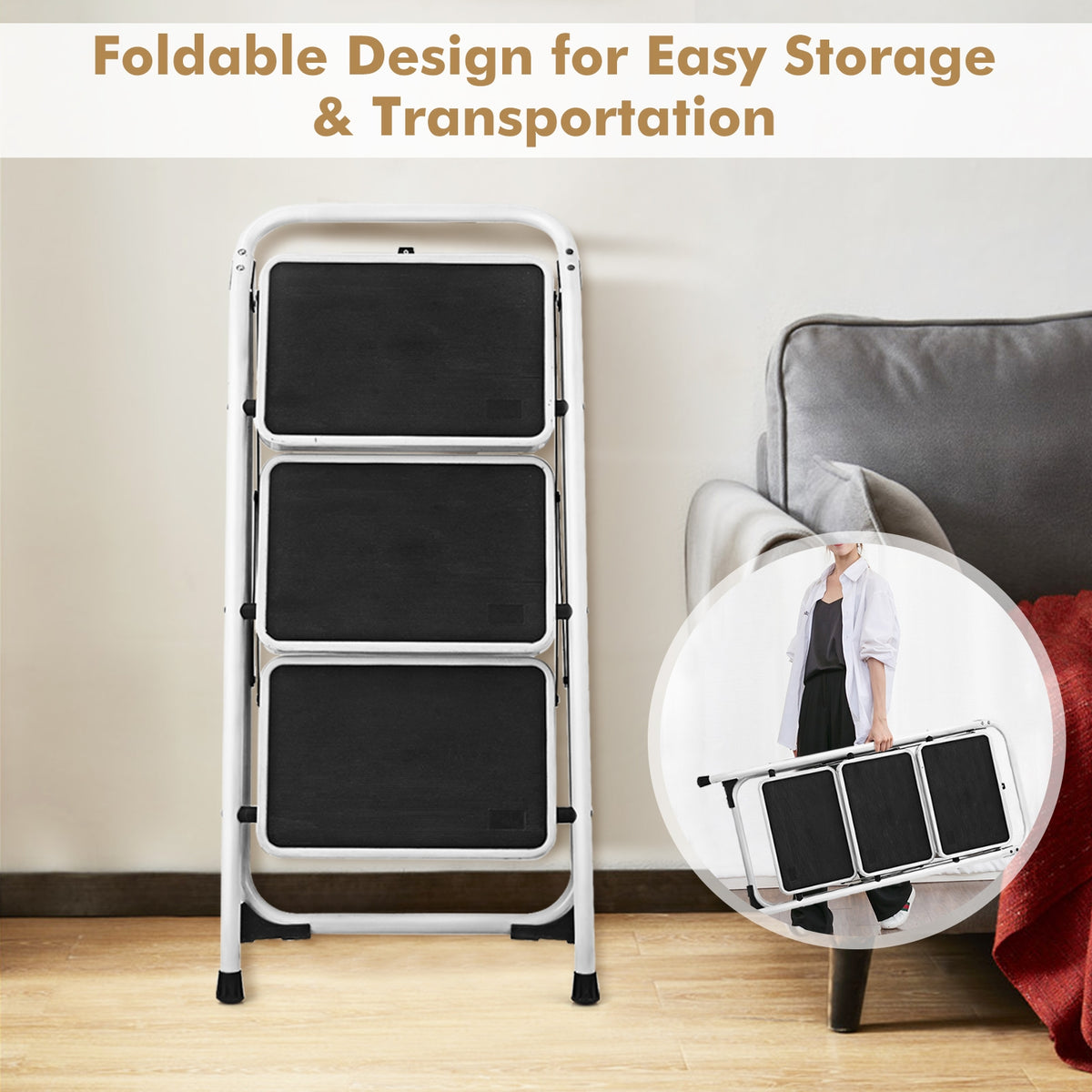 Folding 3-Step Ladder with Anti-Slip Platform