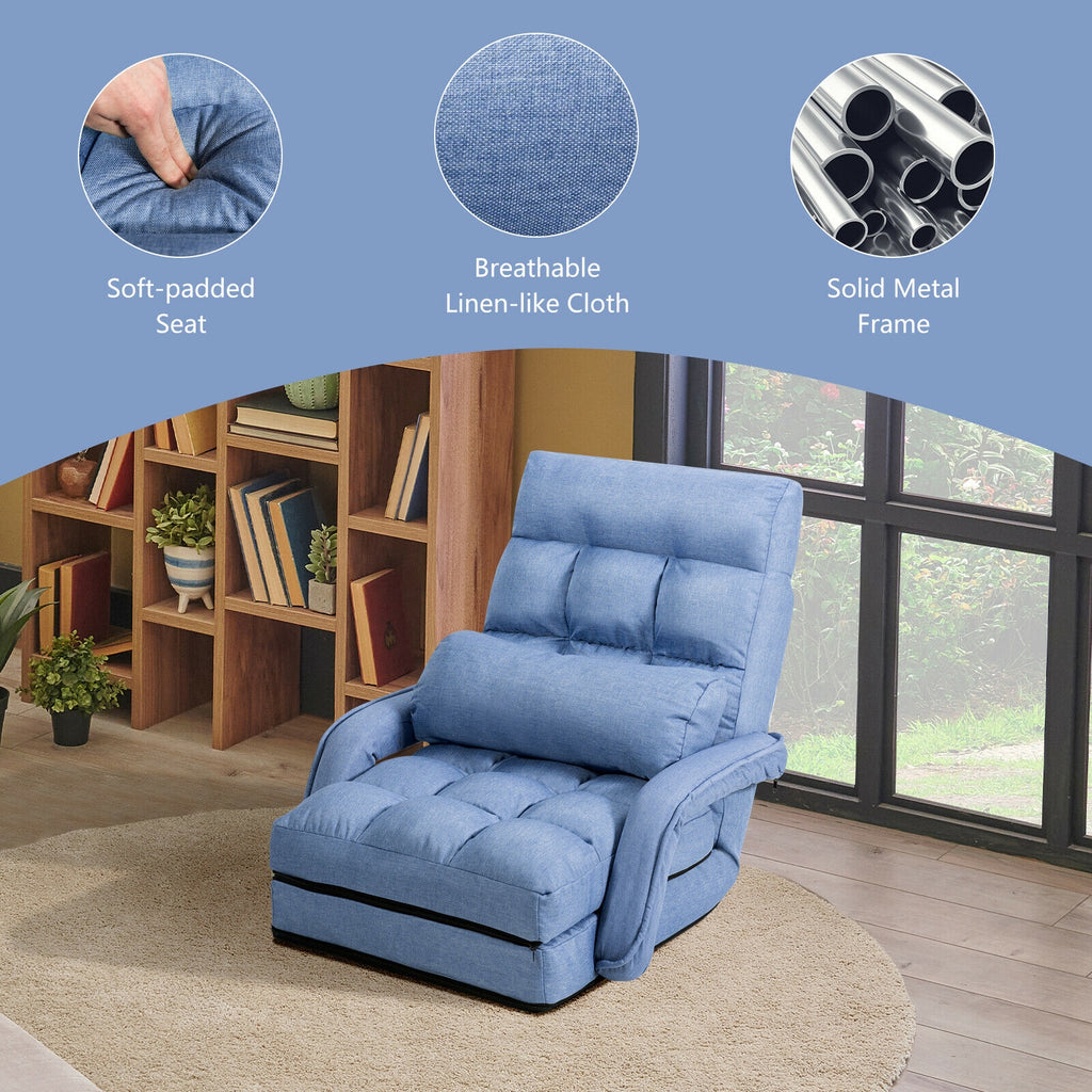 Folding Floor Chair Sofa with Armrests and Pillow - Blue