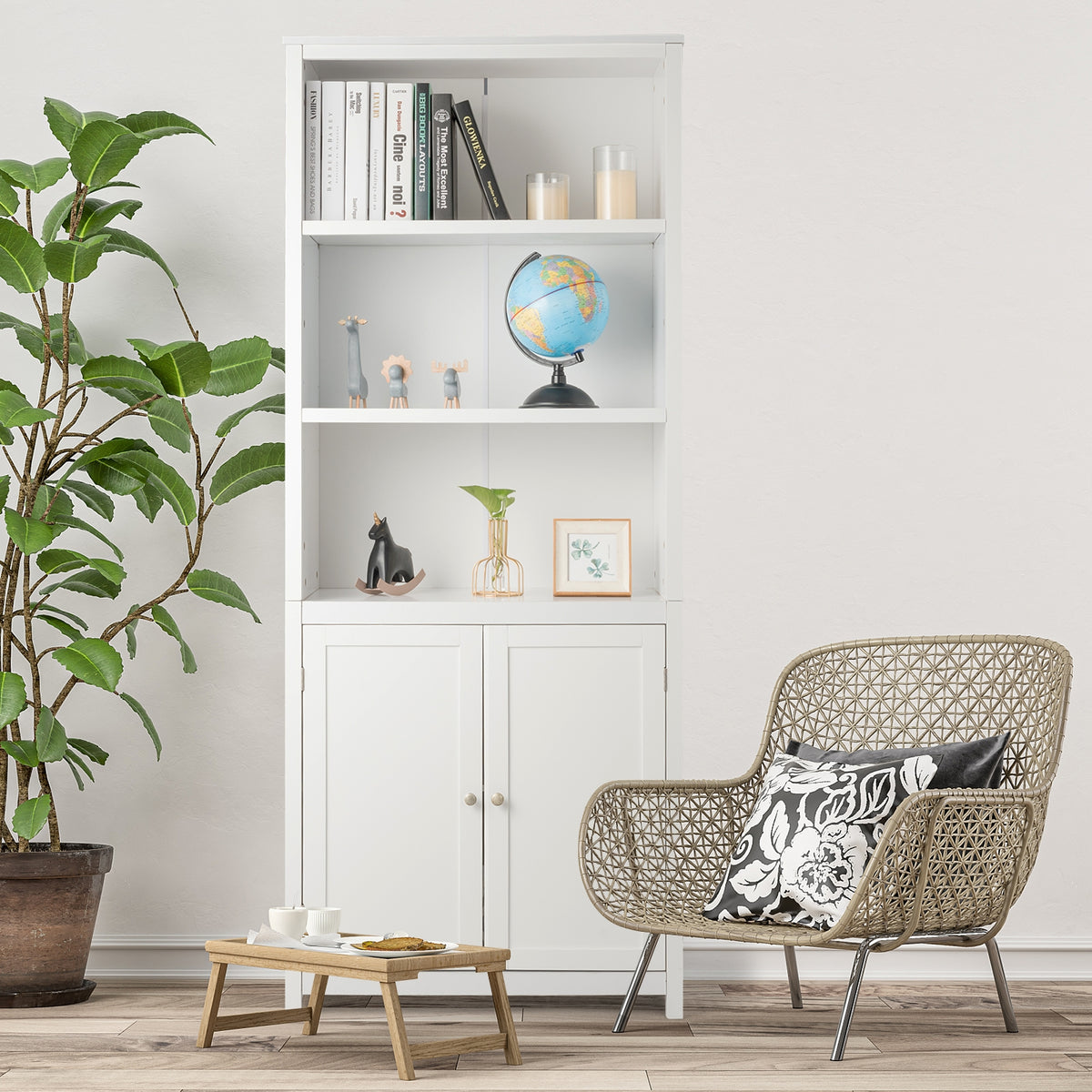 Standing Wooden Bookcase with 3 Tier Open Book Shelving and Double