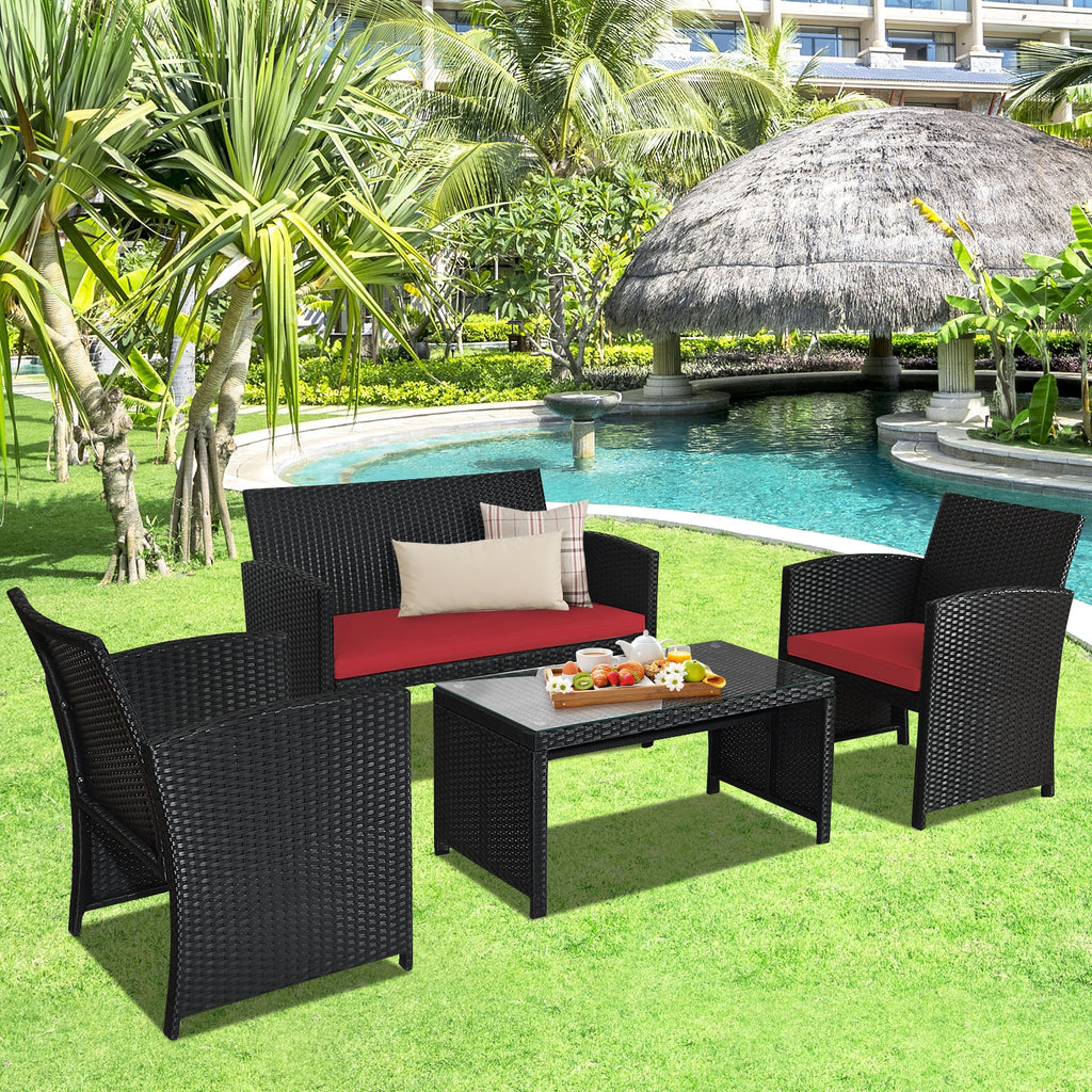 4-Piece Rattan Patio Furniture Set with Cushions - Black Rattan, Navy