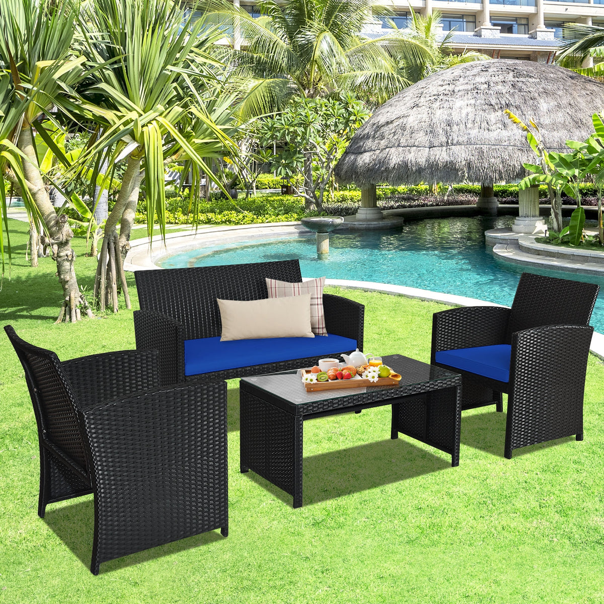 4-Piece Rattan Patio Furniture Set with Cushions - Black Rattan, Navy