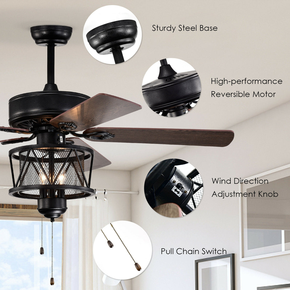 Black 50-Inch Ceiling Fan with Lights Reversible Blades & Pull Chain