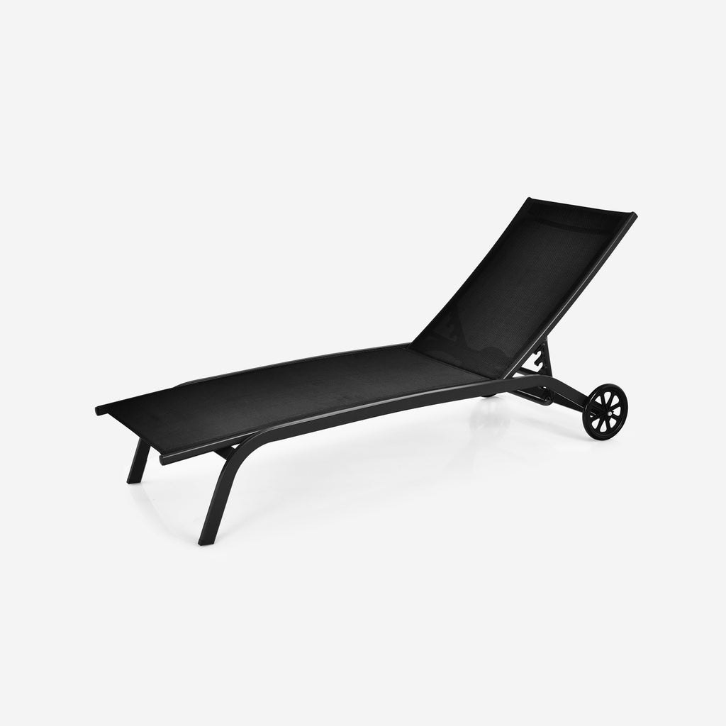 6-Position Adjustable Outdoor Chaise Recliner with Wheels - Black