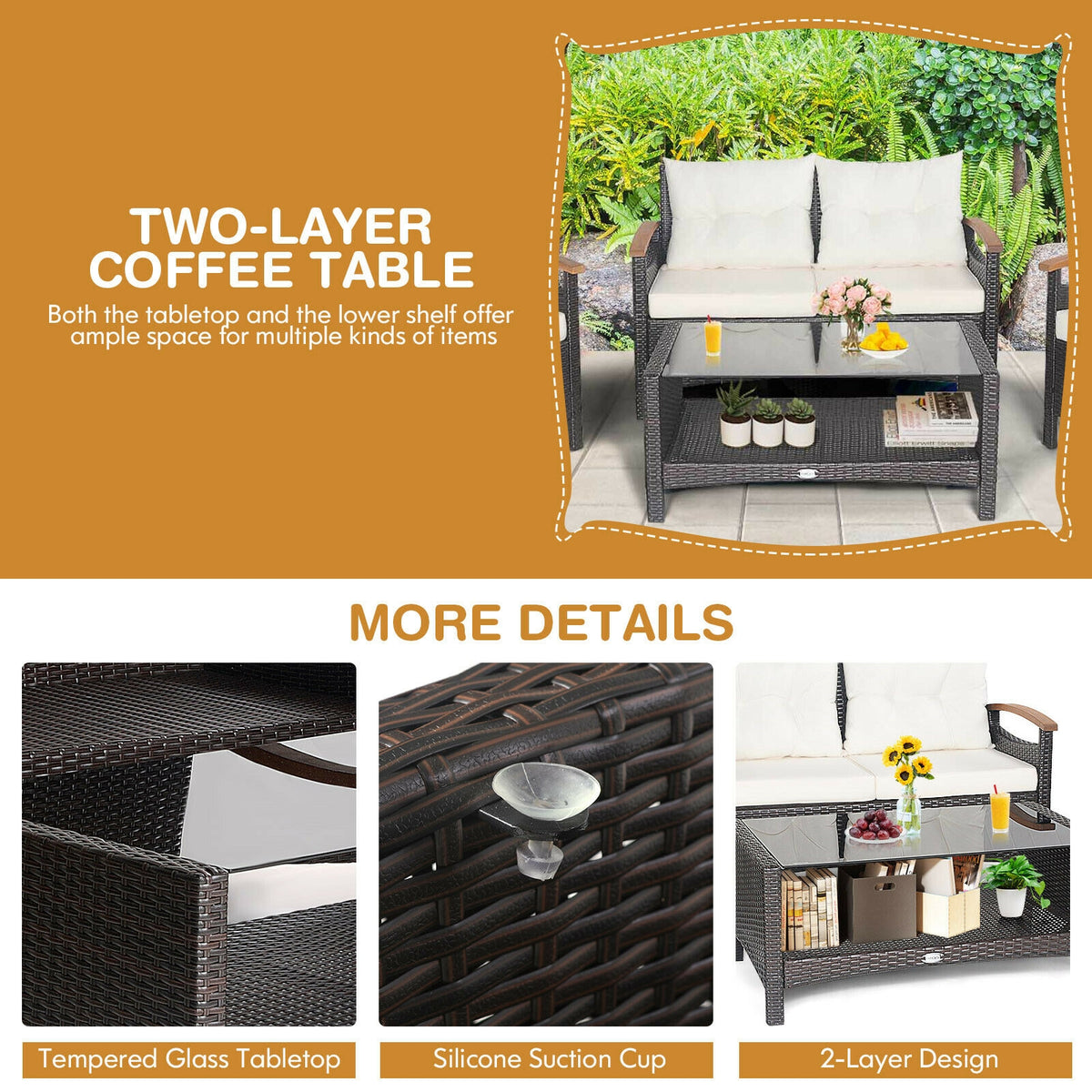 4 Pieces Patio Rattan Furniture Set with Cushioned Sofa and Storage