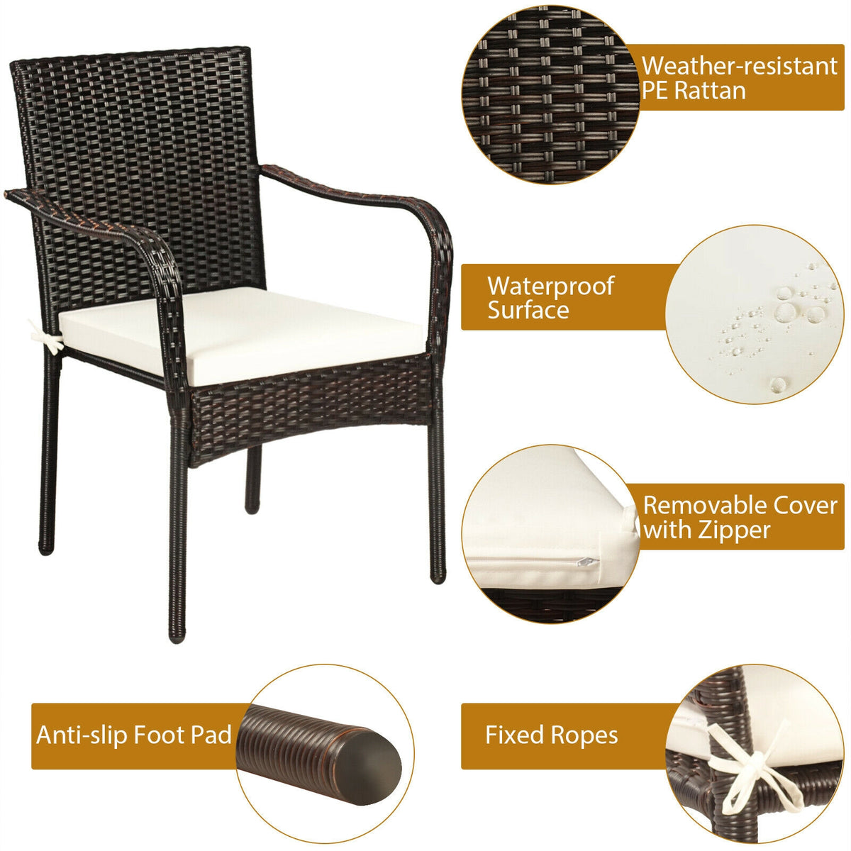 Set of 4 Patio Rattan Stackable Dining Chair with Cushioned Armrest