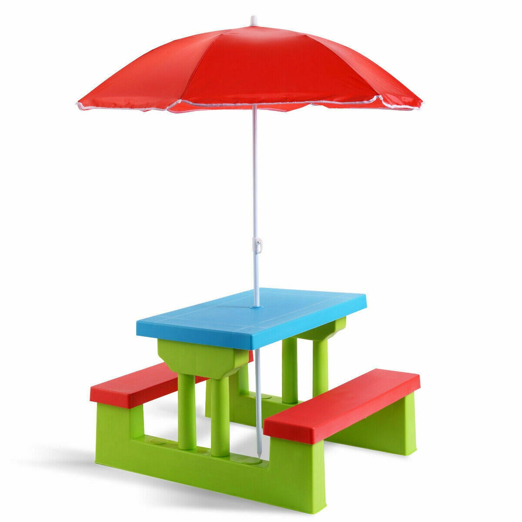Kids Picnic Folding Table and Bench Set with Green Umbrella - Safe & Sturdy Outdoor Play Furniture
