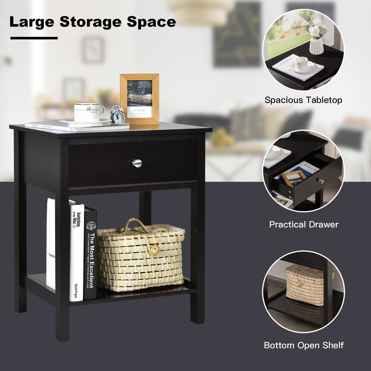 Wooden Storage Shelf with Drawer, Black