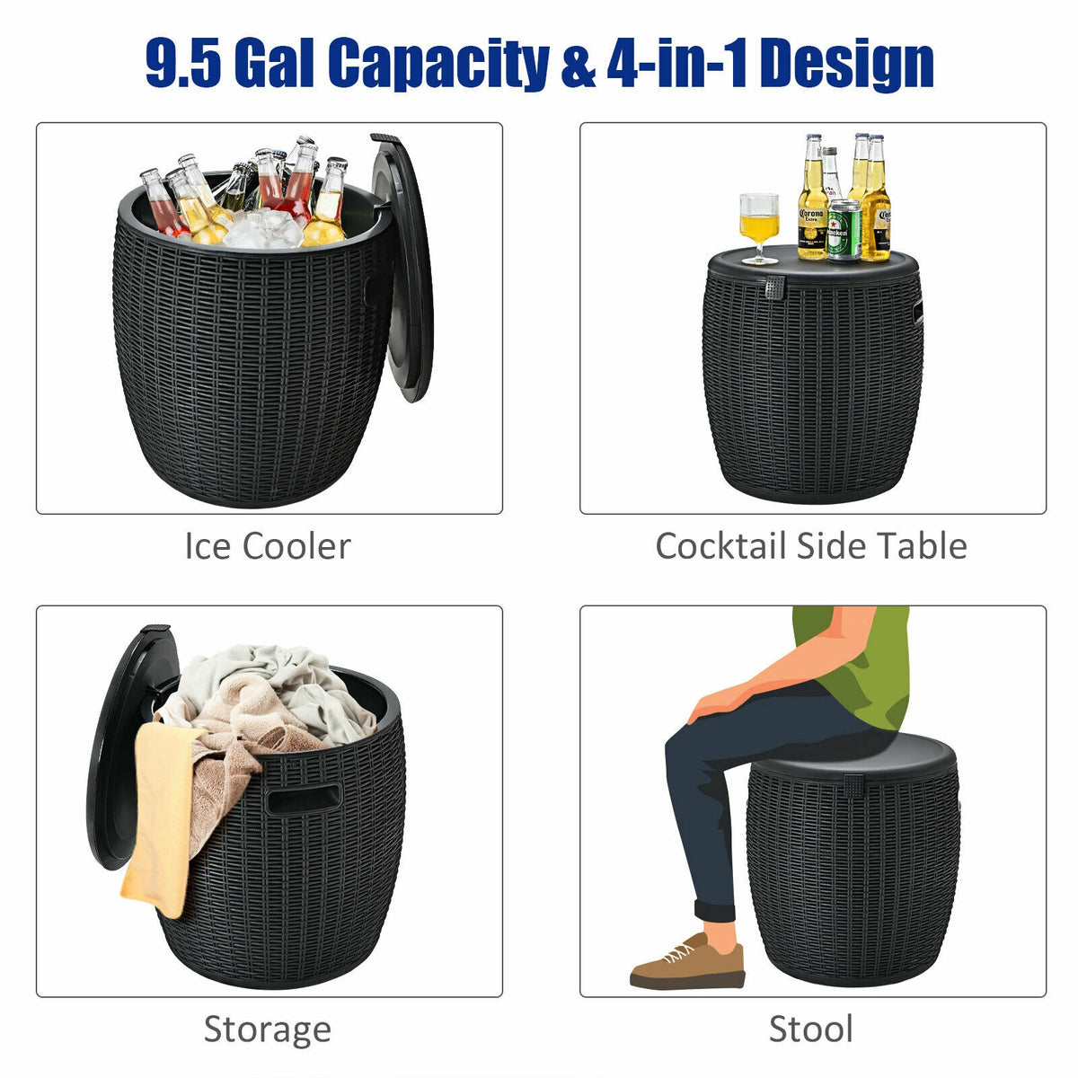 9.5-Gallon Rattan Ice Cooler Side Table - Black