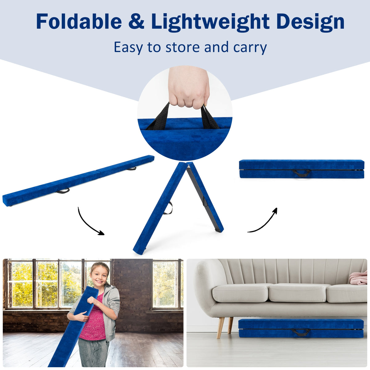 Portable Floor Balance Beam with Handles - 7 Feet Folding Gymnastics Beam Blue