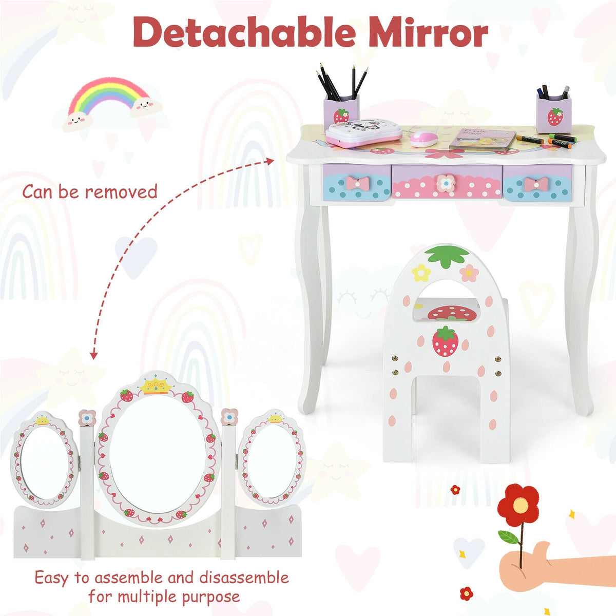 Kids Vanity Set with Tri-Fold Mirror and Chair - White, Detachable Top