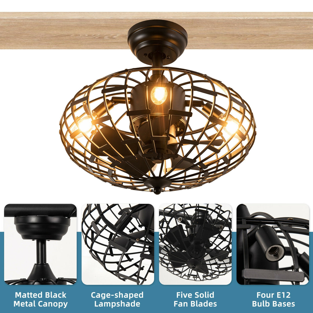 Black 5-Blade Enclosed Ceiling Fan with Light & Remote Control