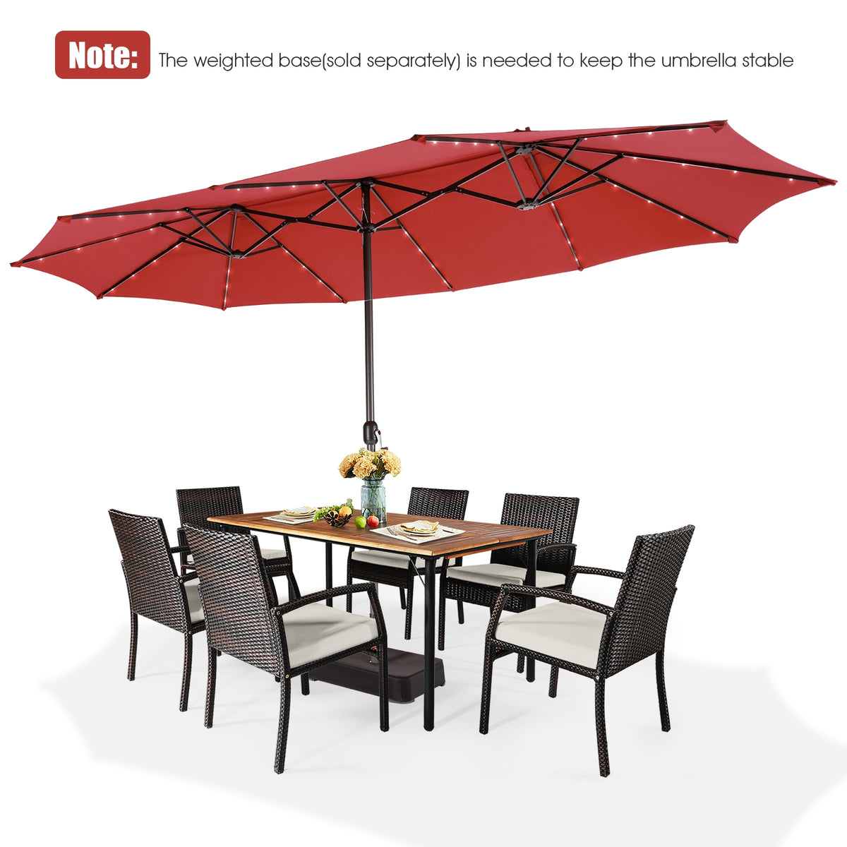 15 Feet Twin Patio Umbrella with 48 Solar LED Lights - Dark Red