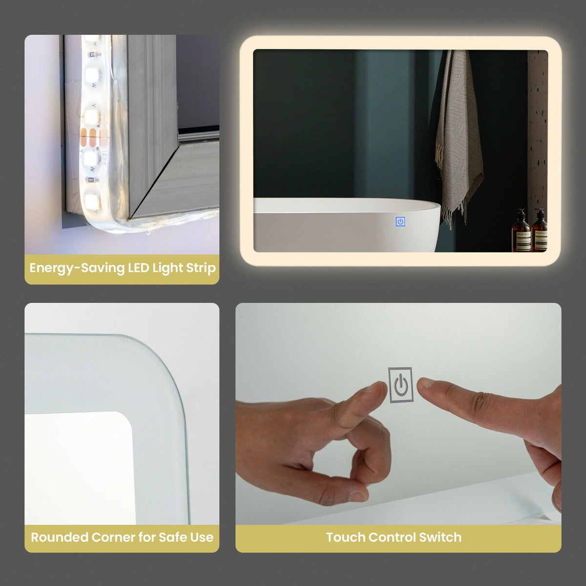 LED Wall-Mounted Bathroom Mirror with Touch Control - Rounded Arc Design