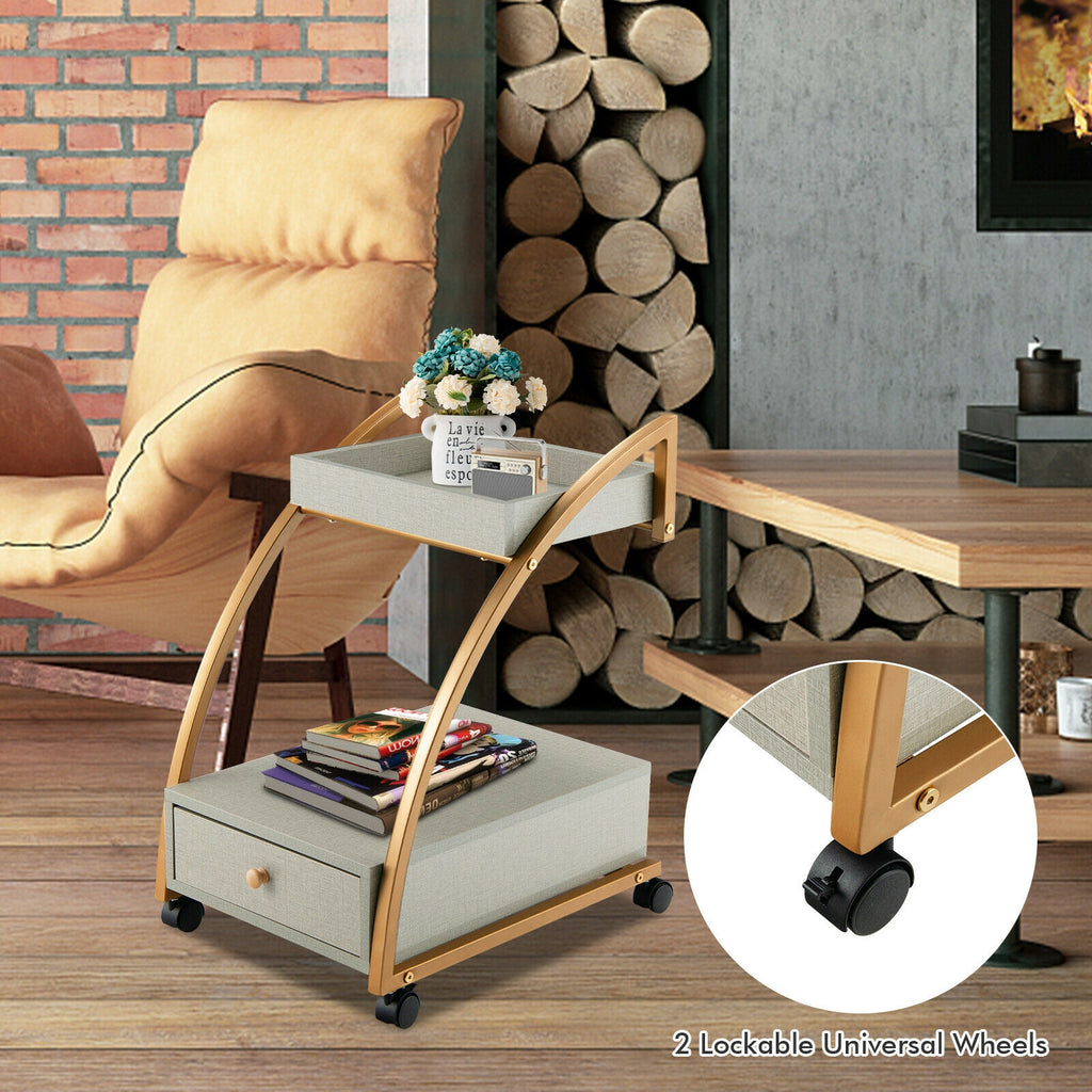 2-Tier Rolling End Table with Drawer - Gray